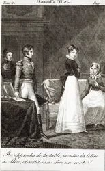 „Odajött az asztalhoz, megmutatta a levelet Alice-nek, és szó nélkül távozott!”, illusztráció a „La Famille Elliot” című művéből, amely Jane Austen (1775-1817) „Meggyőzés” című művének fordítása (bw)